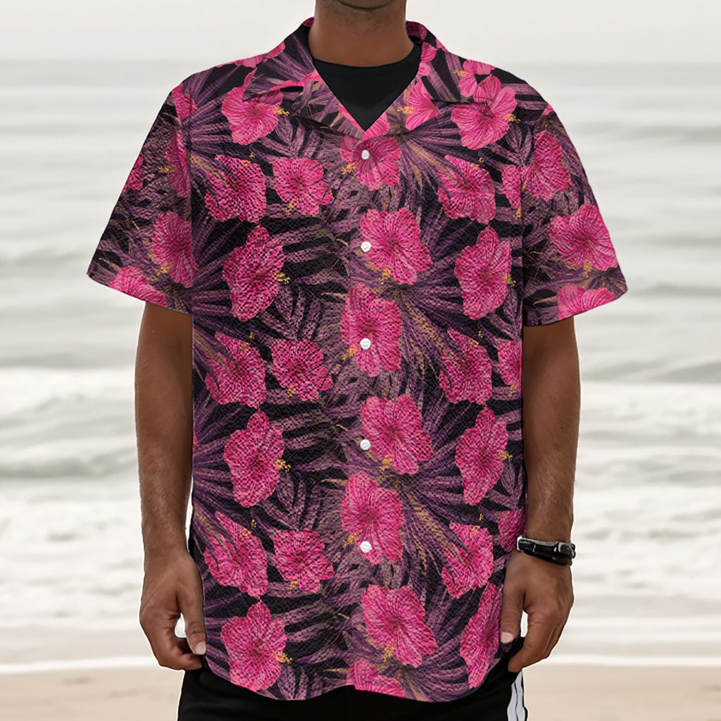 Pink Hawaiian Hibiscus Pattern Print Textured Short Sleeve Shirt