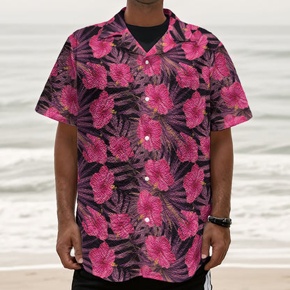 Pink Hawaiian Hibiscus Pattern Print Textured Short Sleeve Shirt