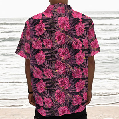 Pink Hawaiian Hibiscus Pattern Print Textured Short Sleeve Shirt