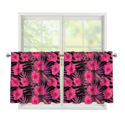 Pink Hawaiian Hibiscus Pattern Print Tier Curtains