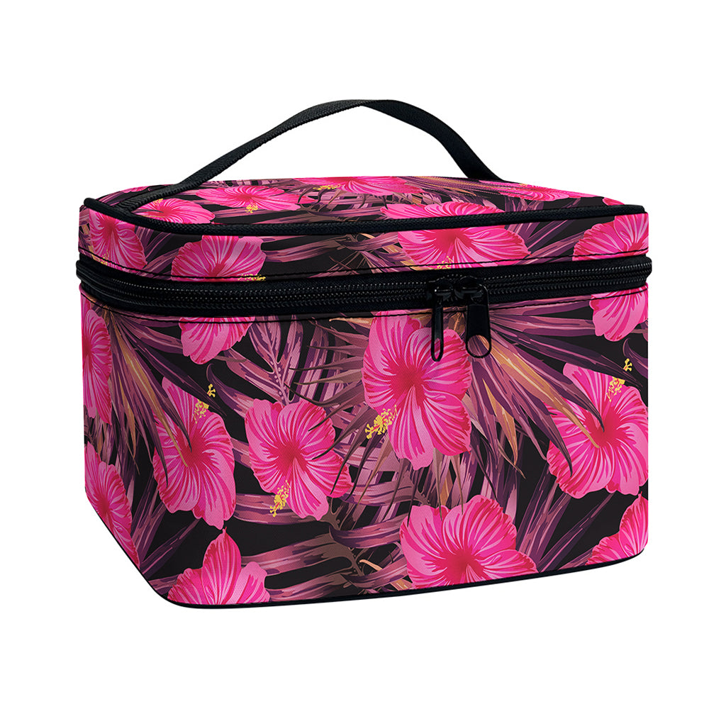 Pink Hawaiian Hibiscus Pattern Print Travel Makeup Bag
