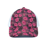 Pink Hawaiian Hibiscus Pattern Print White Mesh Trucker Cap