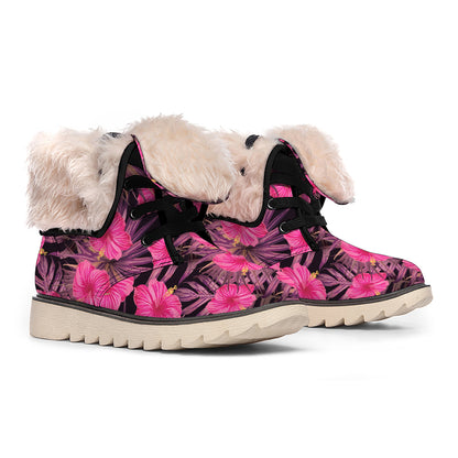 Pink Hawaiian Hibiscus Pattern Print Winter Boots