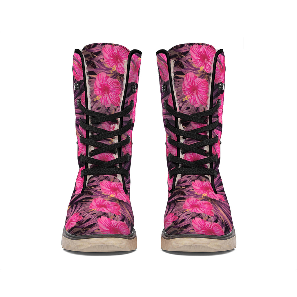 Pink Hawaiian Hibiscus Pattern Print Winter Boots