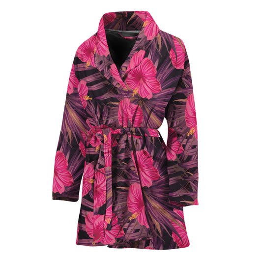Pink Hawaiian Hibiscus Pattern Print Women's Bathrobe