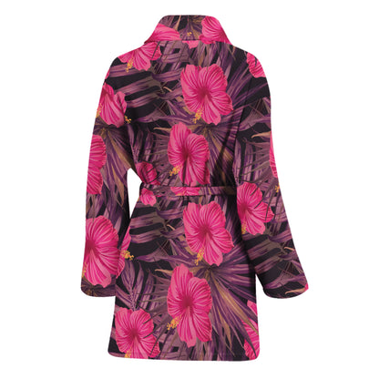 Pink Hawaiian Hibiscus Pattern Print Women's Bathrobe