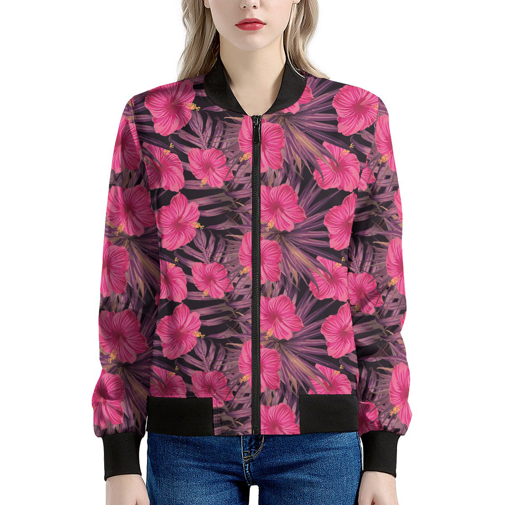 Pink Hawaiian Hibiscus Pattern Print Women's Bomber Jacket
