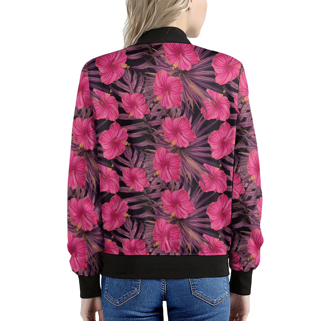 Pink Hawaiian Hibiscus Pattern Print Women's Bomber Jacket