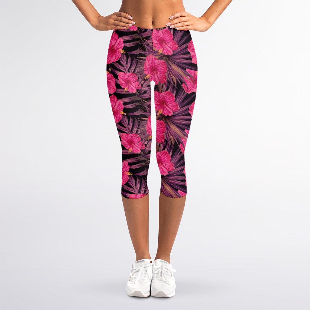 Pink Hawaiian Hibiscus Pattern Print Women's Capri Leggings