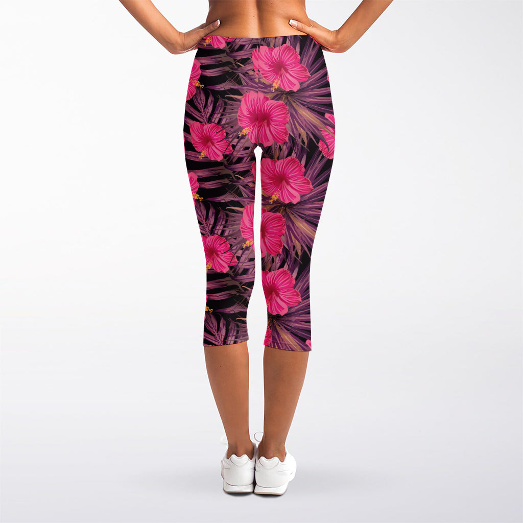 Pink Hawaiian Hibiscus Pattern Print Women's Capri Leggings