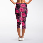 Pink Hawaiian Hibiscus Pattern Print Women's Capri Leggings