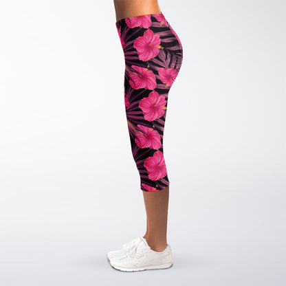 Pink Hawaiian Hibiscus Pattern Print Women's Capri Leggings