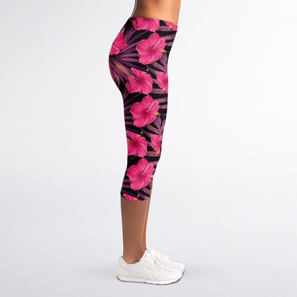 Pink Hawaiian Hibiscus Pattern Print Women's Capri Leggings