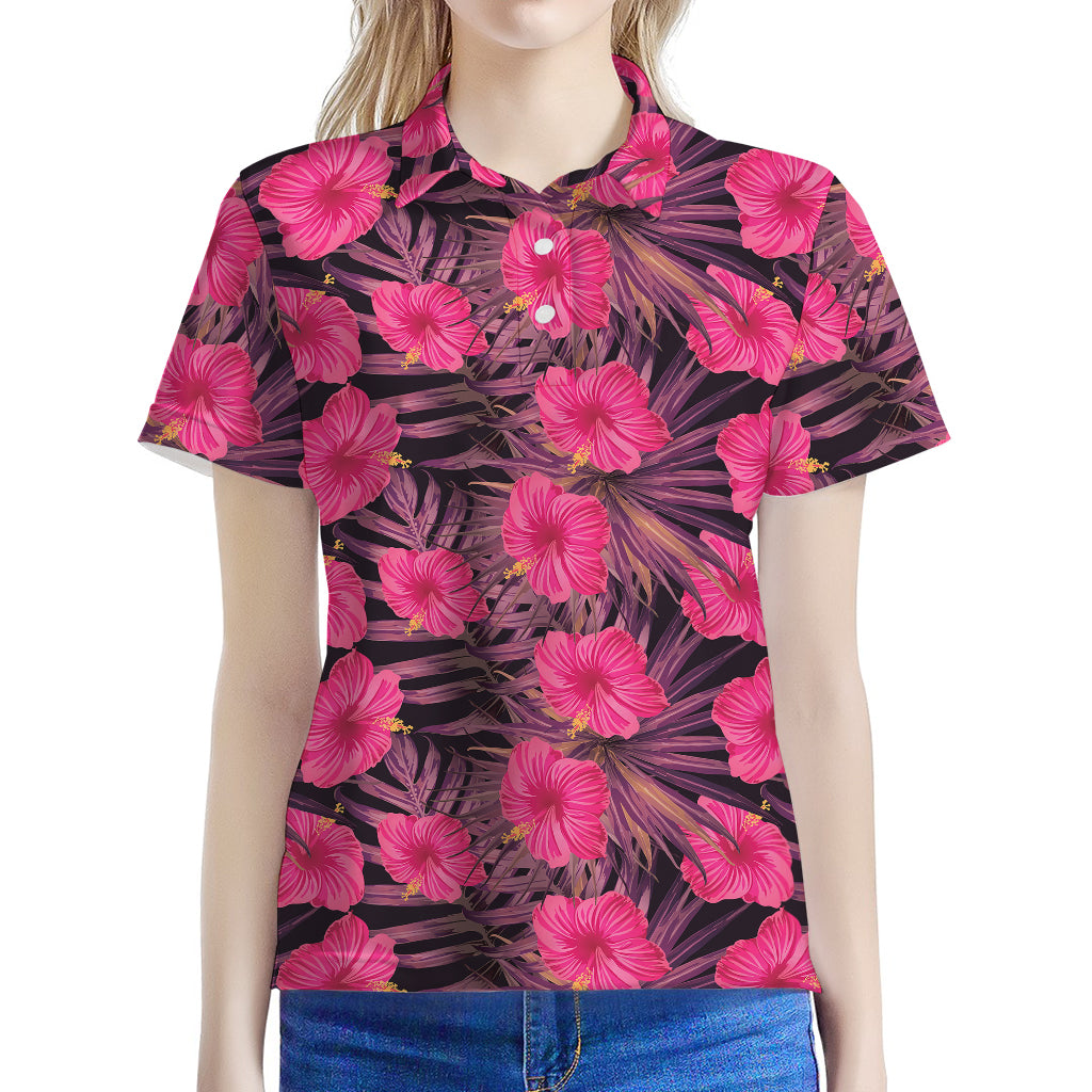 Pink Hawaiian Hibiscus Pattern Print Women's Polo Shirt