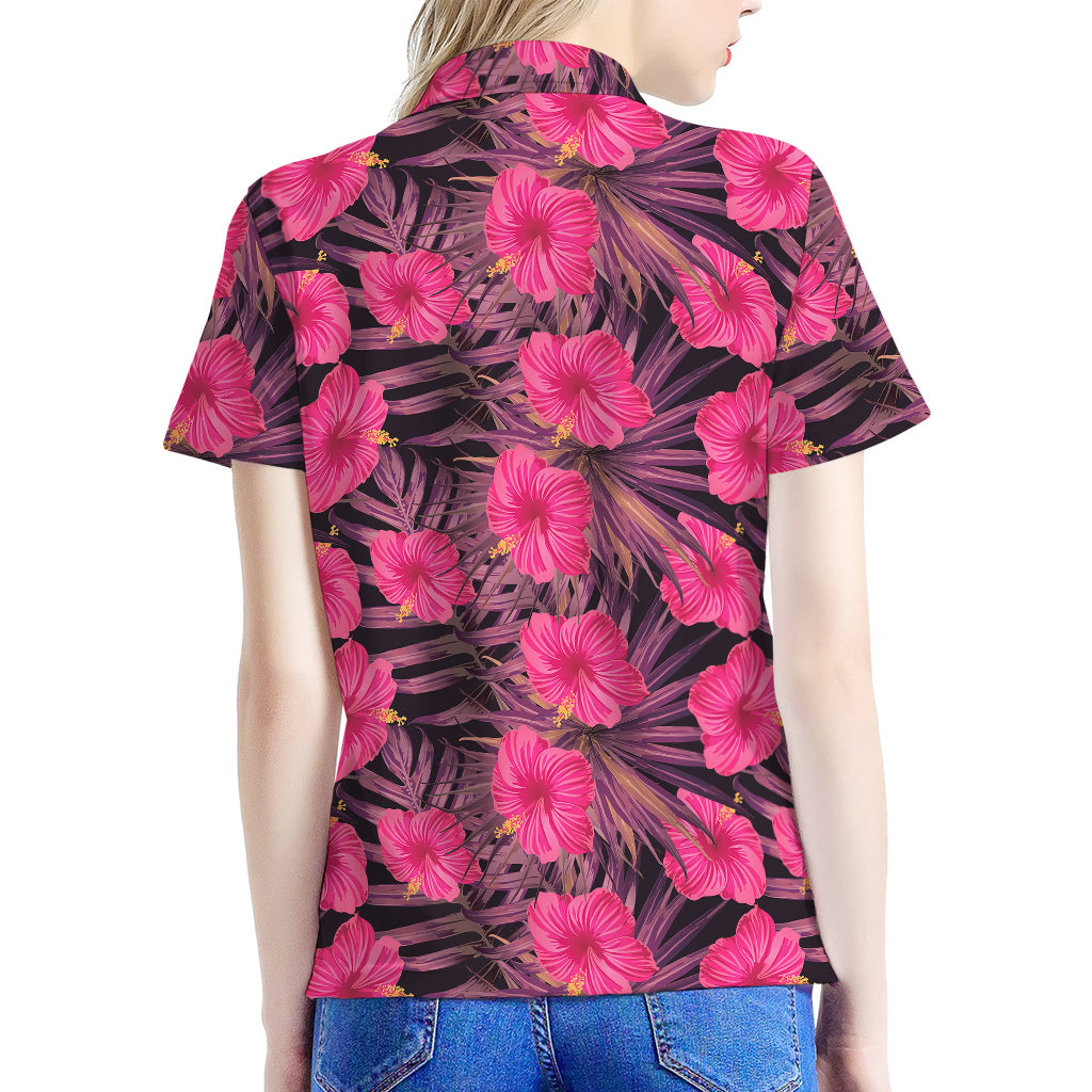 Pink Hawaiian Hibiscus Pattern Print Women's Polo Shirt