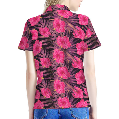 Pink Hawaiian Hibiscus Pattern Print Women's Polo Shirt