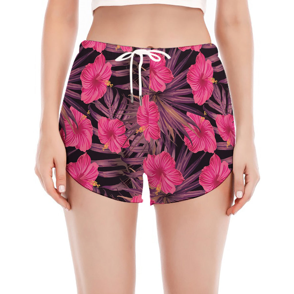 Pink Hawaiian Hibiscus Pattern Print Women's Split Running Shorts
