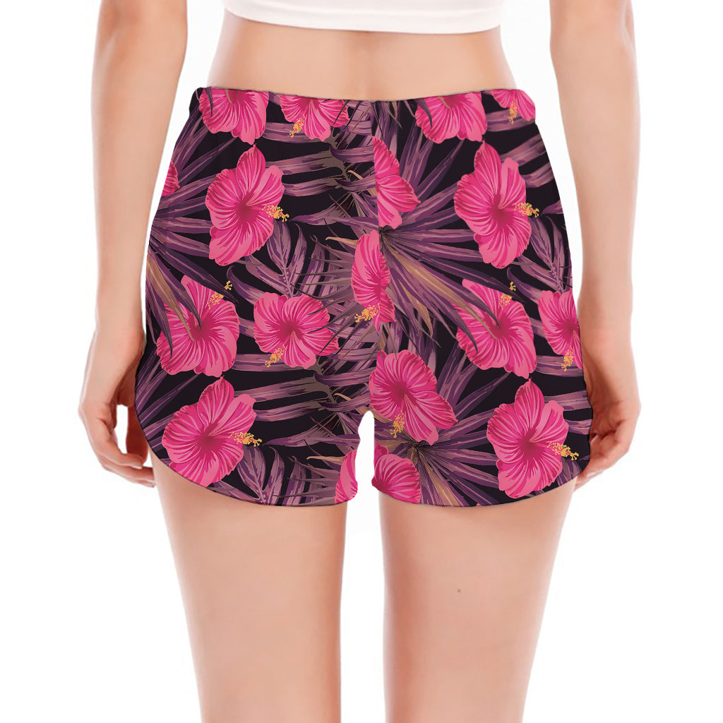 Pink Hawaiian Hibiscus Pattern Print Women's Split Running Shorts