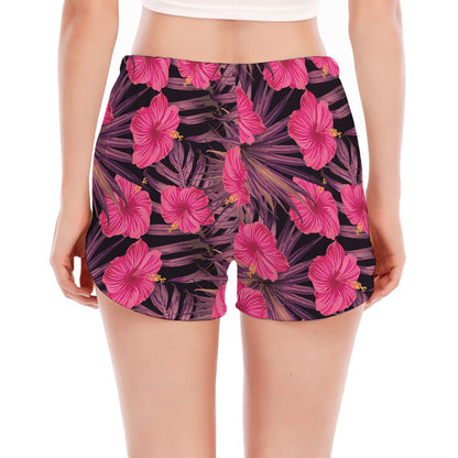 Pink Hawaiian Hibiscus Pattern Print Women's Split Running Shorts