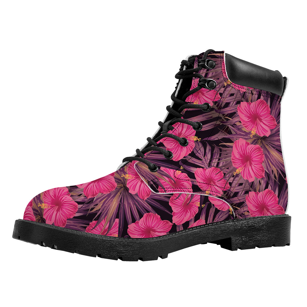 Pink Hawaiian Hibiscus Pattern Print Work Boots