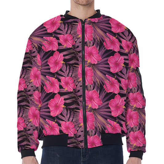 Pink Hawaiian Hibiscus Pattern Print Zip Sleeve Bomber Jacket