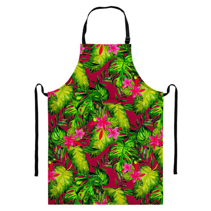 Pink Hawaiian Tropical Pattern Print Bib Apron With Pocket