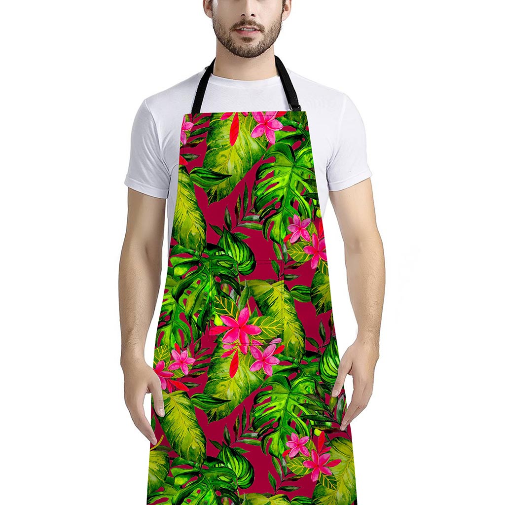 Pink Hawaiian Tropical Pattern Print Bib Apron With Pocket