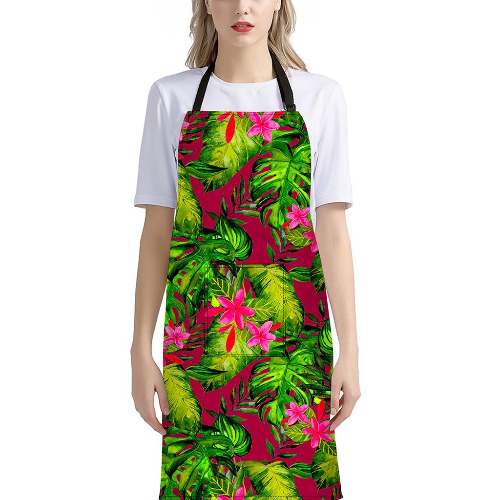 Pink Hawaiian Tropical Pattern Print Bib Apron With Pocket