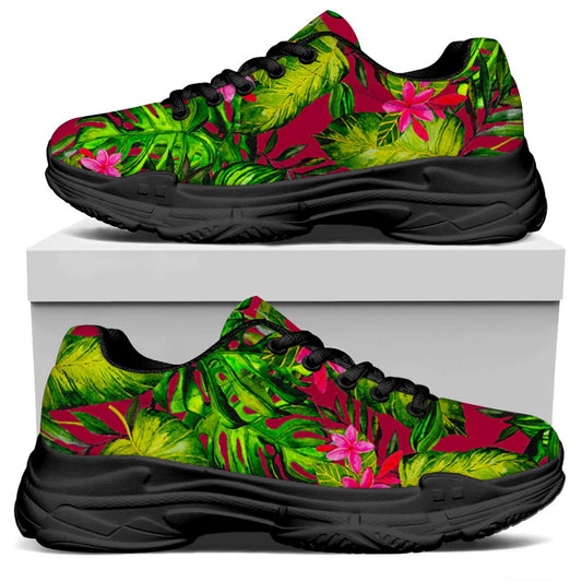 Pink Hawaiian Tropical Pattern Print Black Chunky Shoes