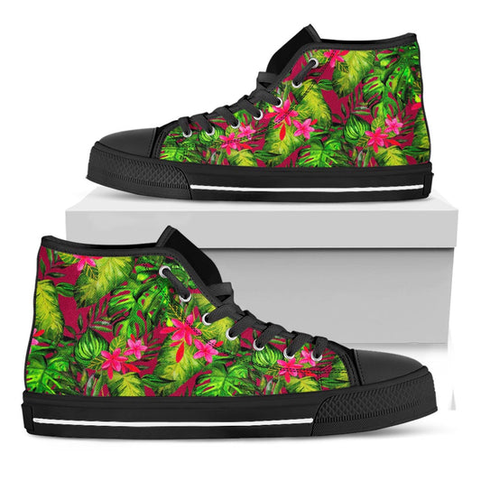 Pink Hawaiian Tropical Pattern Print Black High Top Sneakers