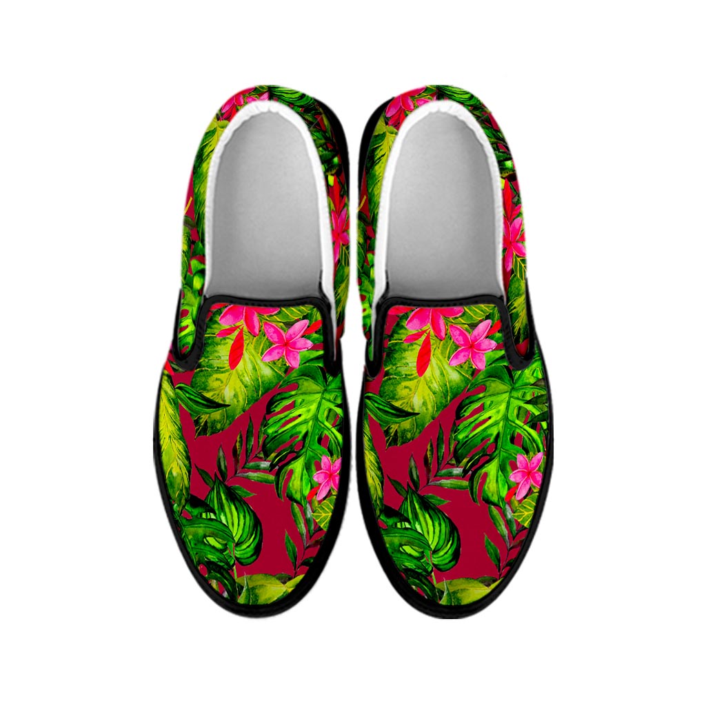Pink Hawaiian Tropical Pattern Print Black Slip On Sneakers