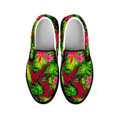 Pink Hawaiian Tropical Pattern Print Black Slip On Sneakers