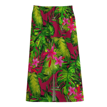 Pink Hawaiian Tropical Pattern Print Cotton Front Slit Maxi Skirt
