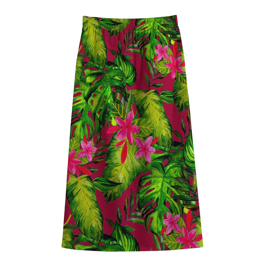Pink Hawaiian Tropical Pattern Print Cotton Front Slit Maxi Skirt
