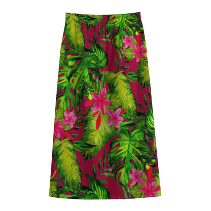 Pink Hawaiian Tropical Pattern Print Cotton Front Slit Maxi Skirt