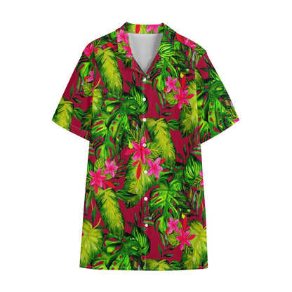 Pink Hawaiian Tropical Pattern Print Cotton Hawaiian Shirt