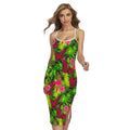 Pink Hawaiian Tropical Pattern Print Cross Back Cami Dress
