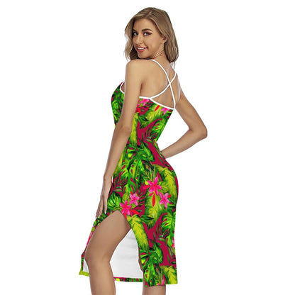 Pink Hawaiian Tropical Pattern Print Cross Back Cami Dress