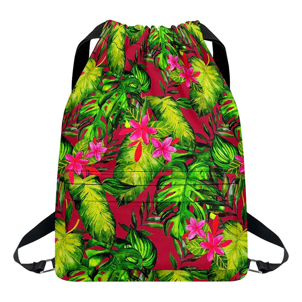 Pink Hawaiian Tropical Pattern Print Drawstring Backpack