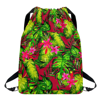 Pink Hawaiian Tropical Pattern Print Drawstring Backpack