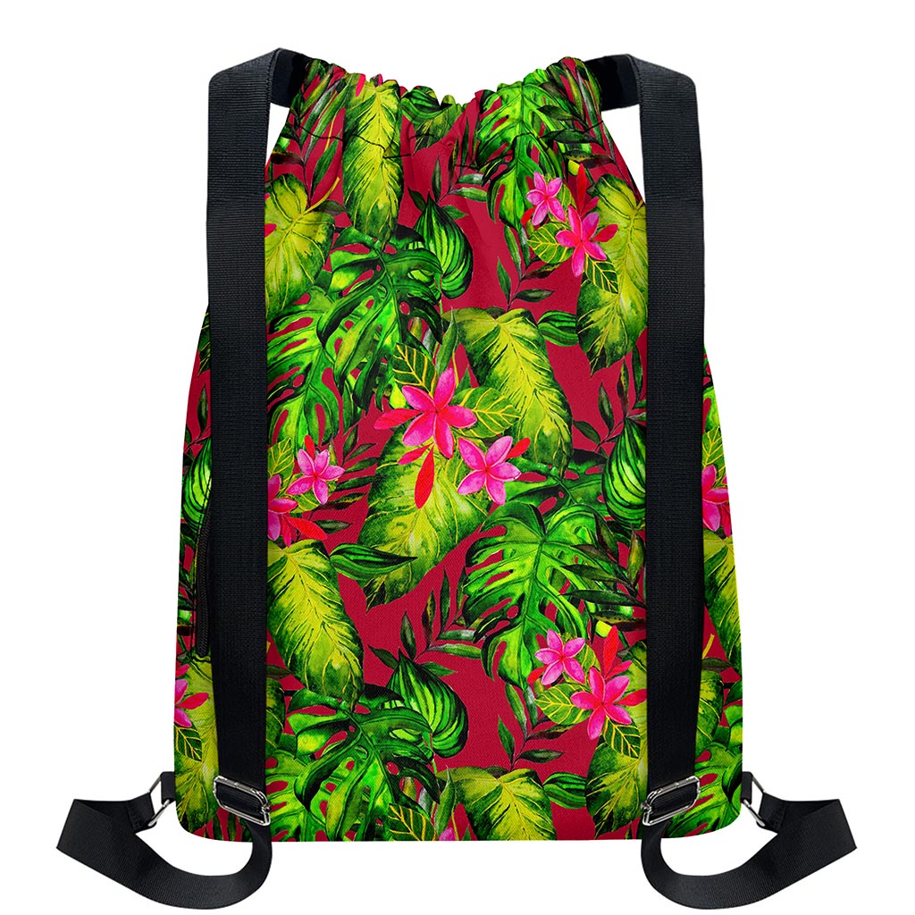 Pink Hawaiian Tropical Pattern Print Drawstring Backpack