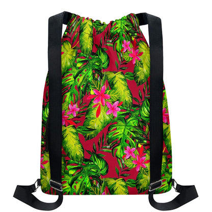Pink Hawaiian Tropical Pattern Print Drawstring Backpack