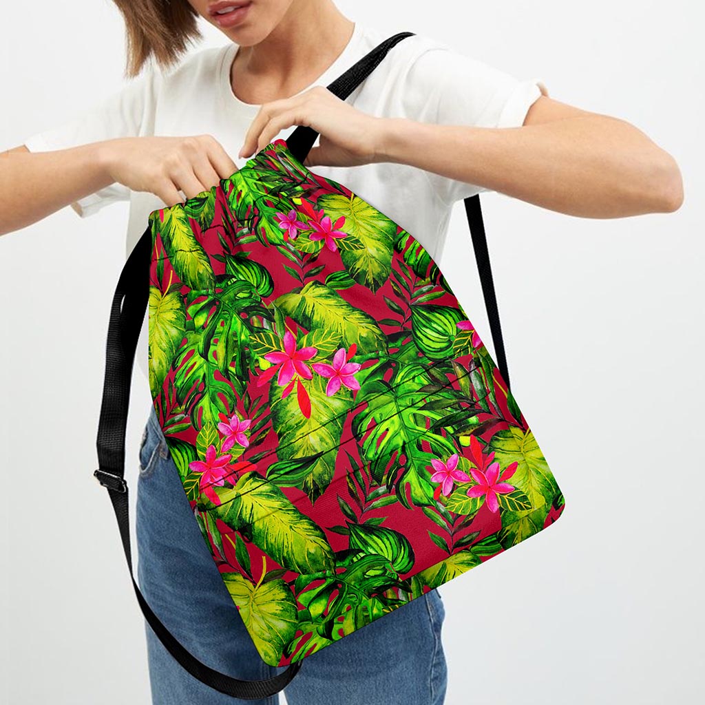 Pink Hawaiian Tropical Pattern Print Drawstring Backpack
