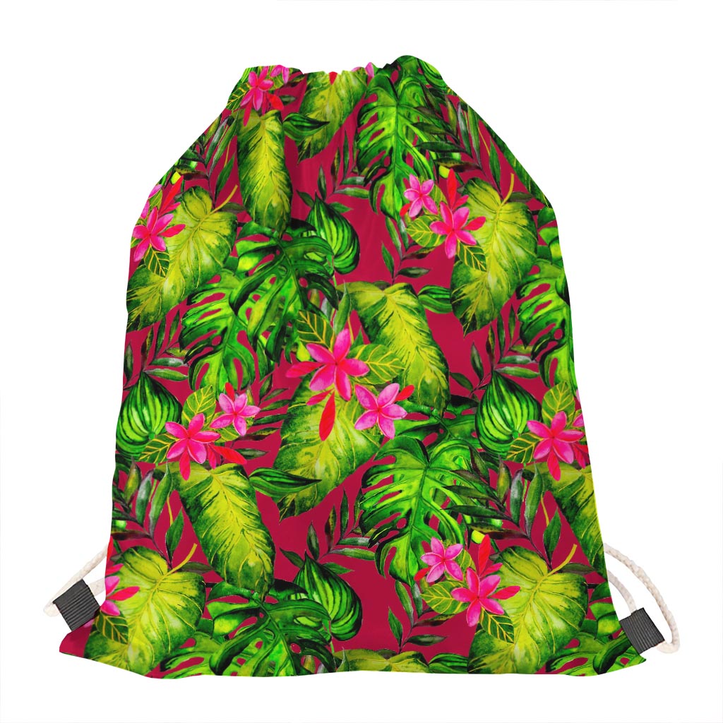 Pink Hawaiian Tropical Pattern Print Drawstring Bag