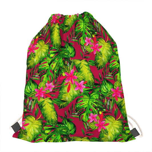 Pink Hawaiian Tropical Pattern Print Drawstring Bag
