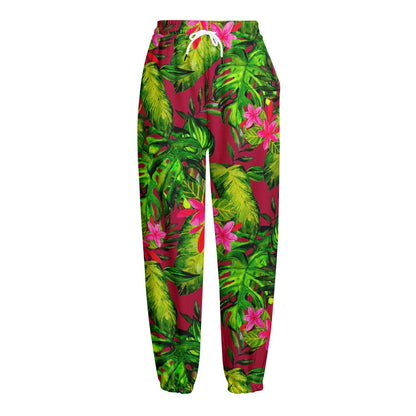 Pink Hawaiian Tropical Pattern Print Fleece Lined Knit Pants