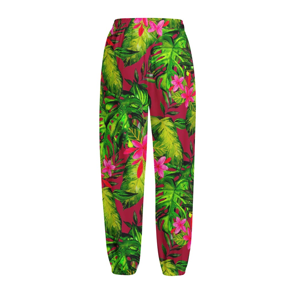 Pink Hawaiian Tropical Pattern Print Fleece Lined Knit Pants