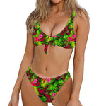 Pink Hawaiian Tropical Pattern Print Front Bow Tie Bikini