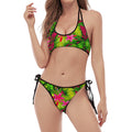 Pink Hawaiian Tropical Pattern Print Halter Scoop Tie Side Bikini