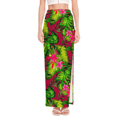 Pink Hawaiian Tropical Pattern Print High Slit Maxi Skirt